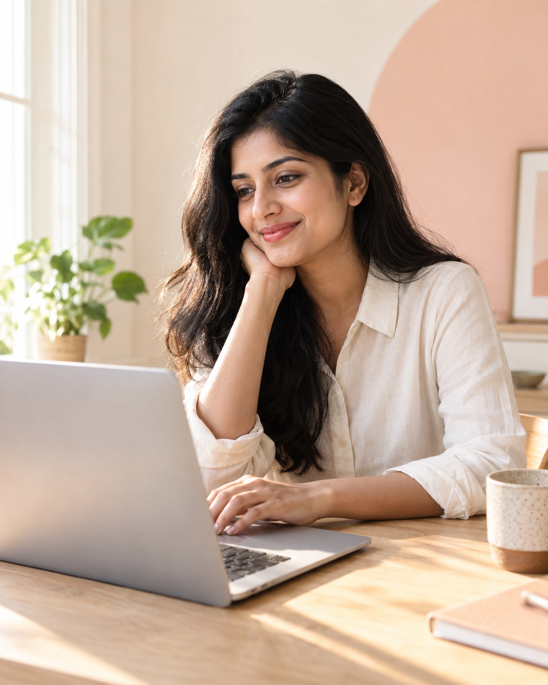 A professional enjoying a calm moment at her laptop in a bright home workspace