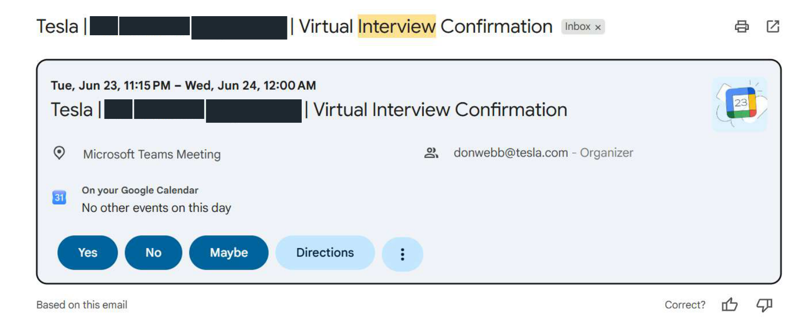 Tesla: virtual interview confirmation, with client identifying information permanently hidden