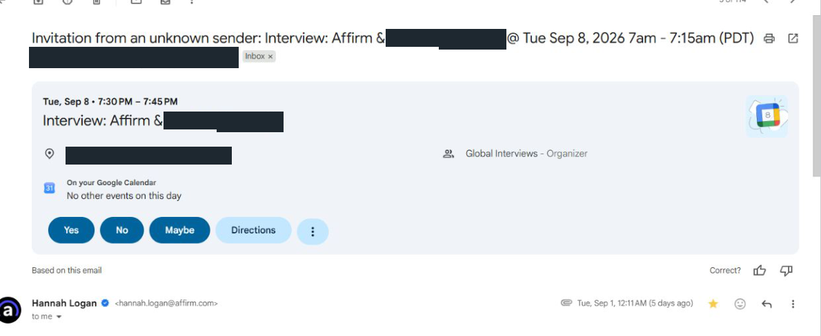Affirm: interview invitation, with client identifying information permanently hidden