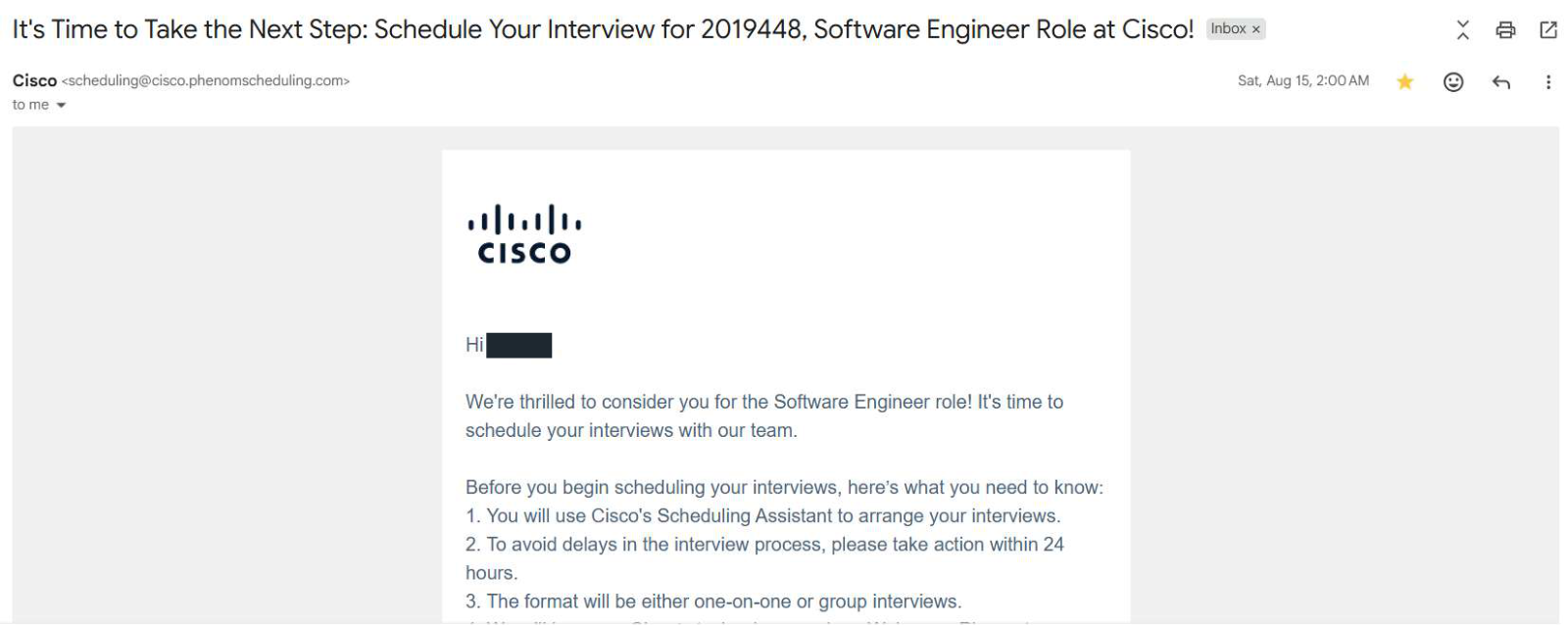 Cisco: interview scheduling invitation, with client identifying information permanently hidden