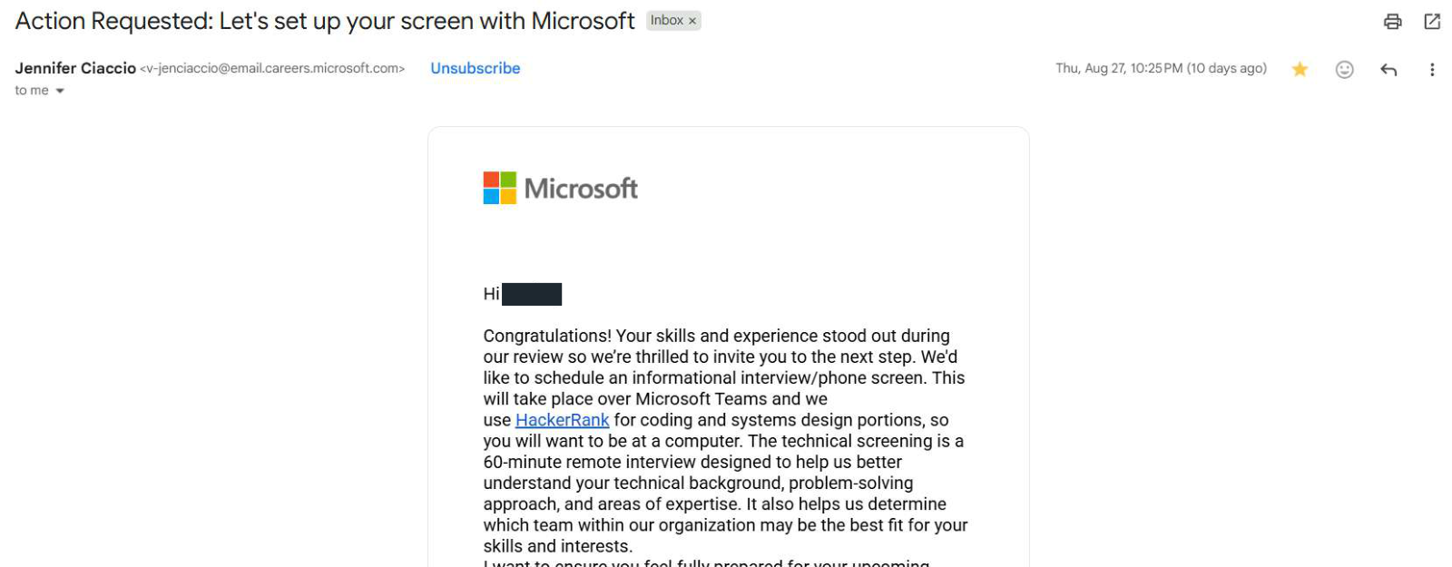 Microsoft: phone screen invitation, with client identifying information permanently hidden