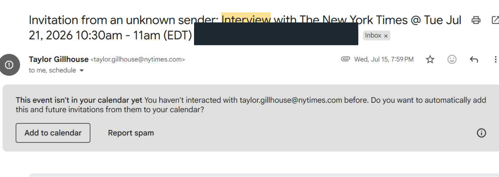 The New York Times: Interview invitation. Client identity hidden.