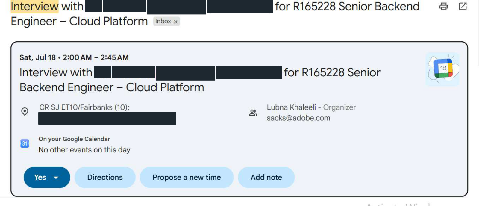Adobe: Interview confirmation. Client identity hidden.