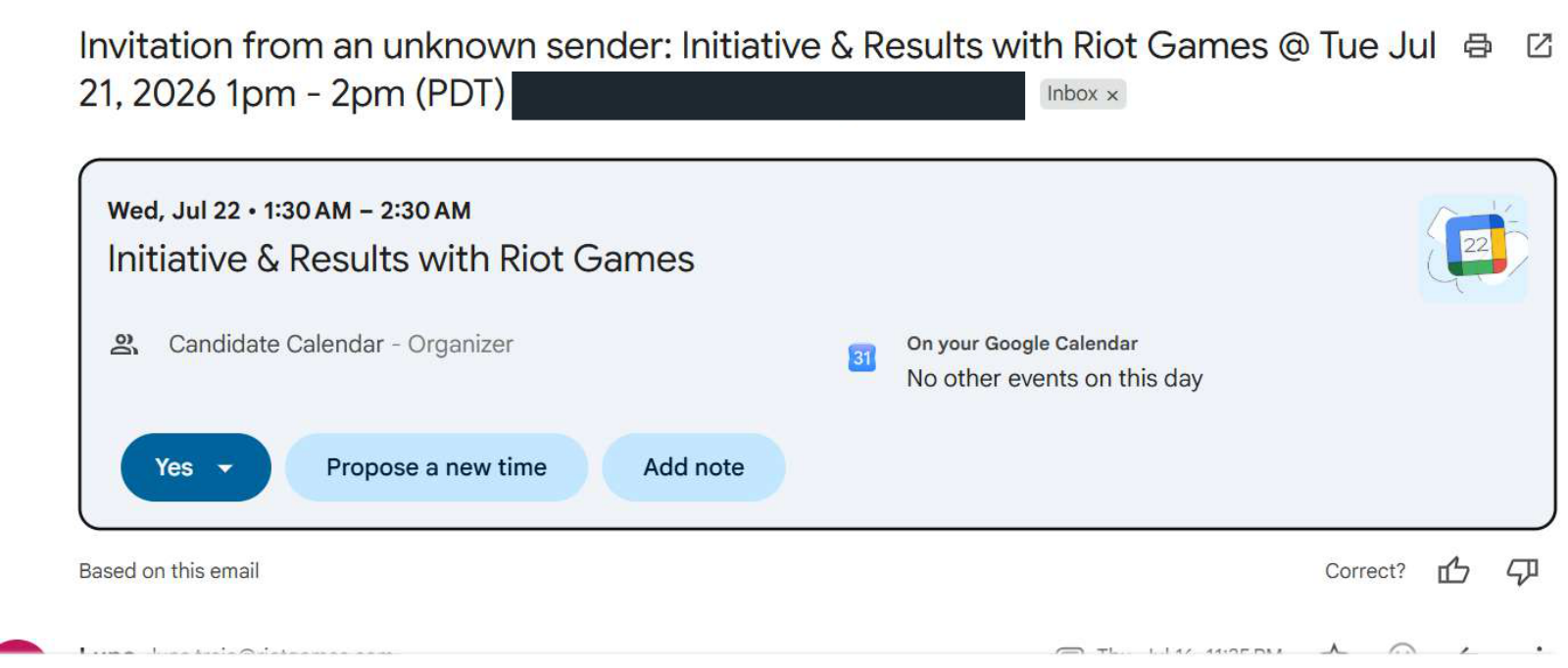Riot Games: Interview invitation. Client identity hidden.