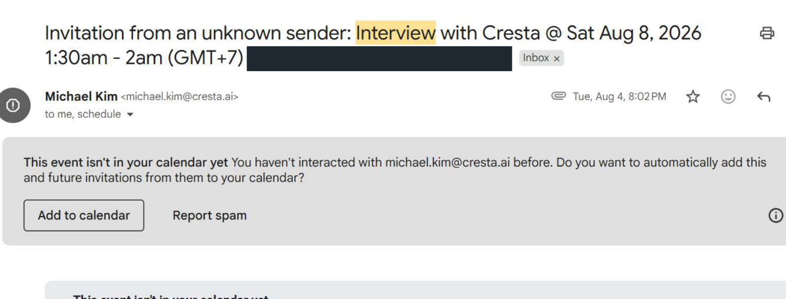 Cresta: Interview invitation. Client identity hidden.