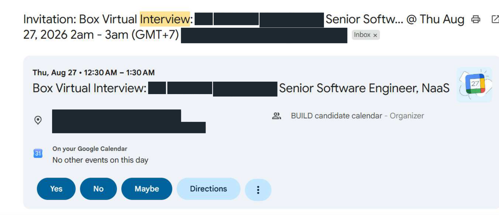 Box: Virtual interview invitation. Client identity hidden.