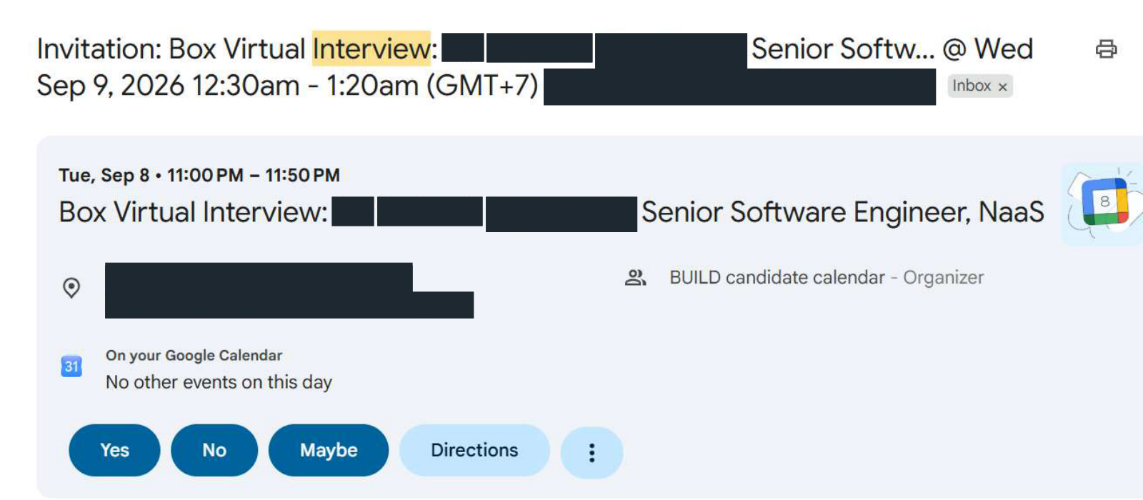 Box: Virtual interview invitation. Client identity hidden.
