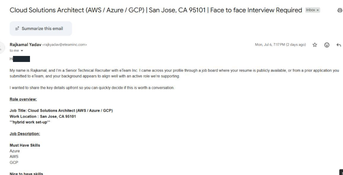 eTeam: Recruiter outreach. Client identity hidden.