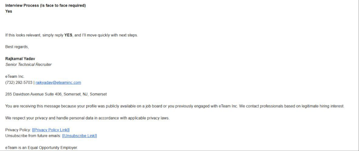 eTeam: Recruiting follow-up. Client identity hidden.