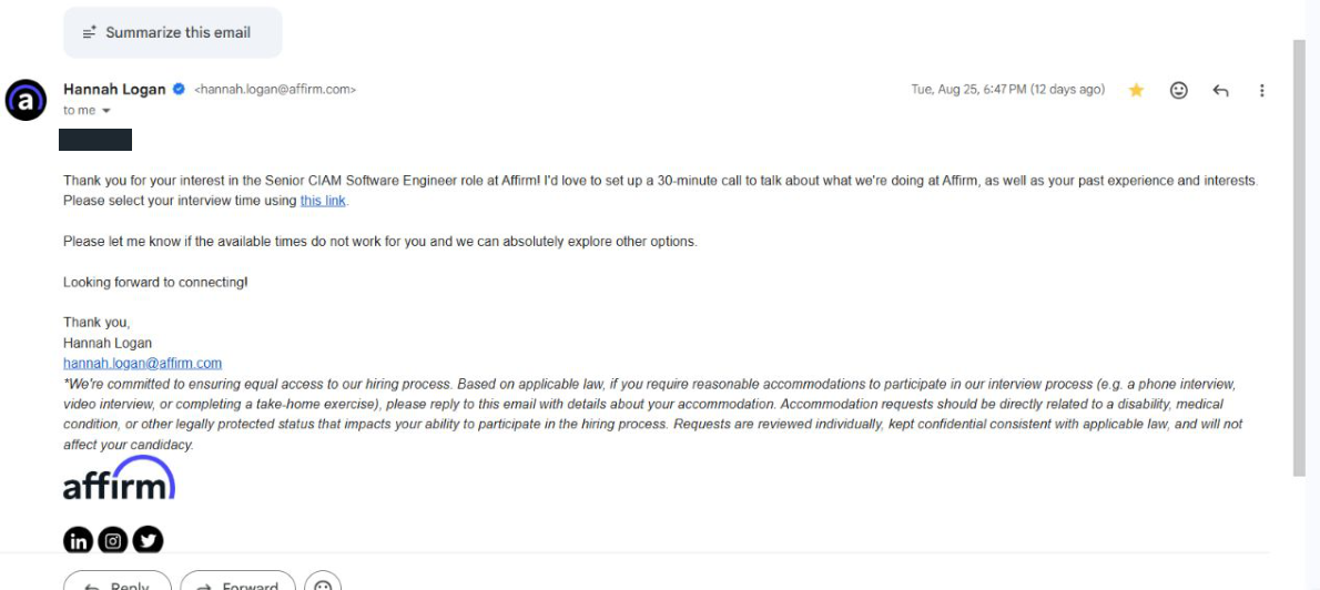 Affirm: Recruiter phone screen invitation. Client identity hidden.