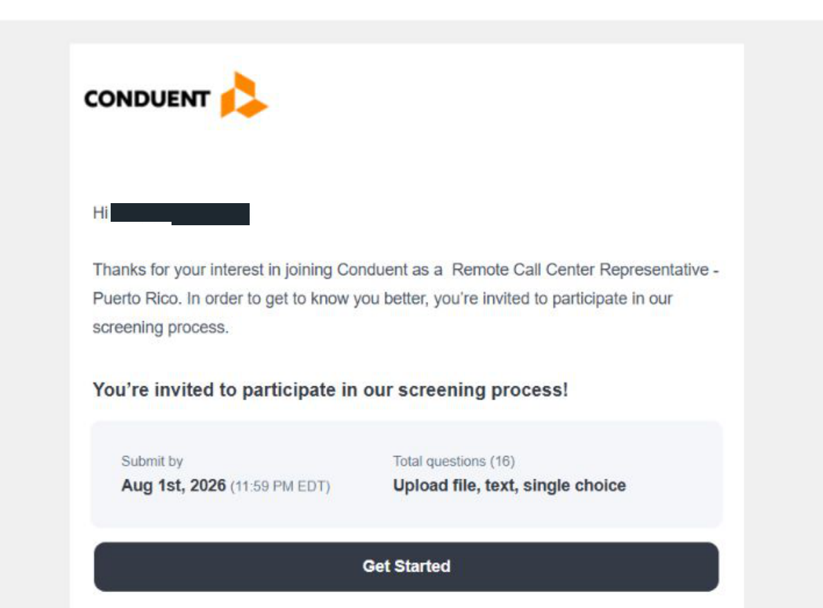 Conduent: Screening invitation. Client identity hidden.
