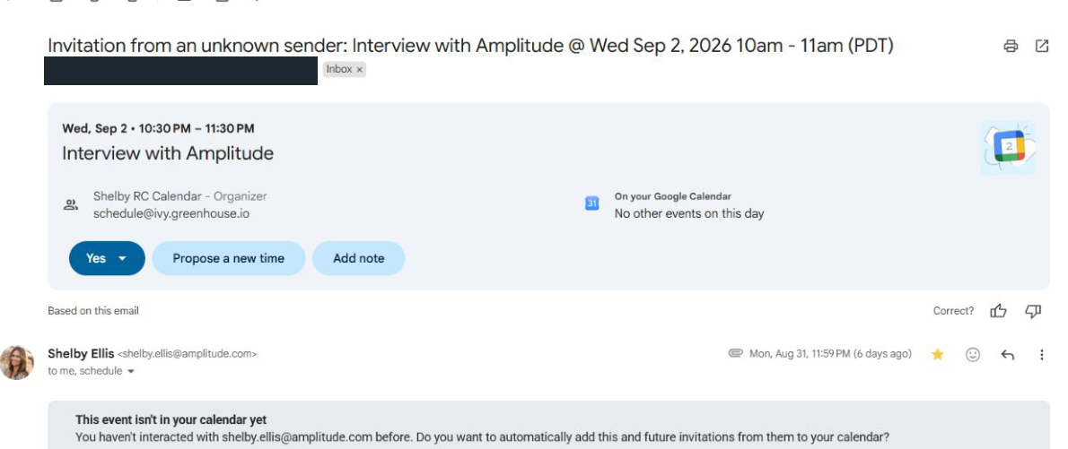 Amplitude: Interview invitation. Client identity hidden.