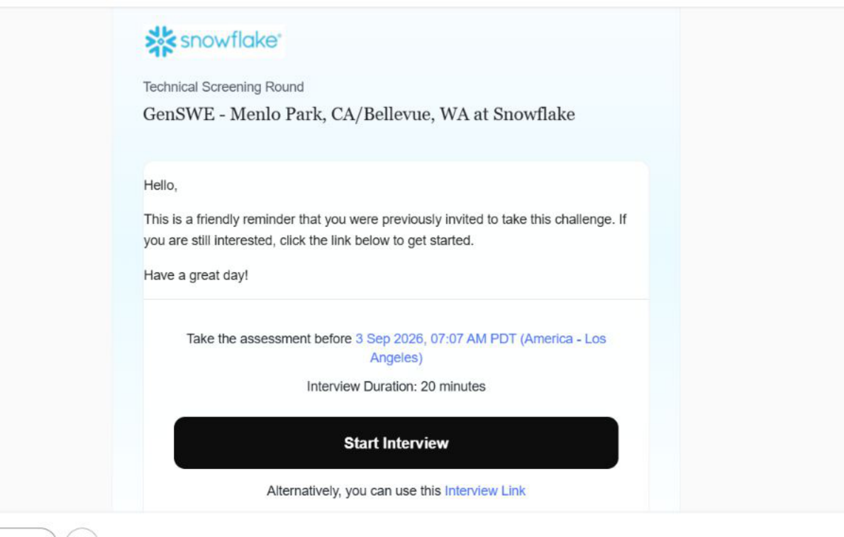 Snowflake: Technical assessment reminder. Client identity hidden.