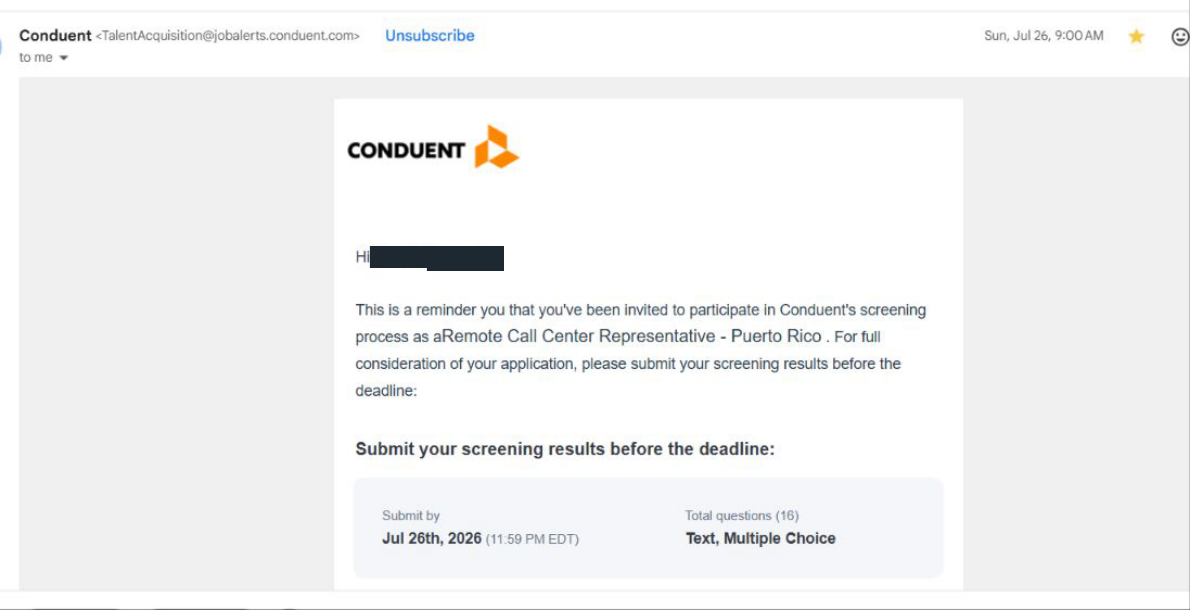 Conduent: Screening reminder. Client identity hidden.
