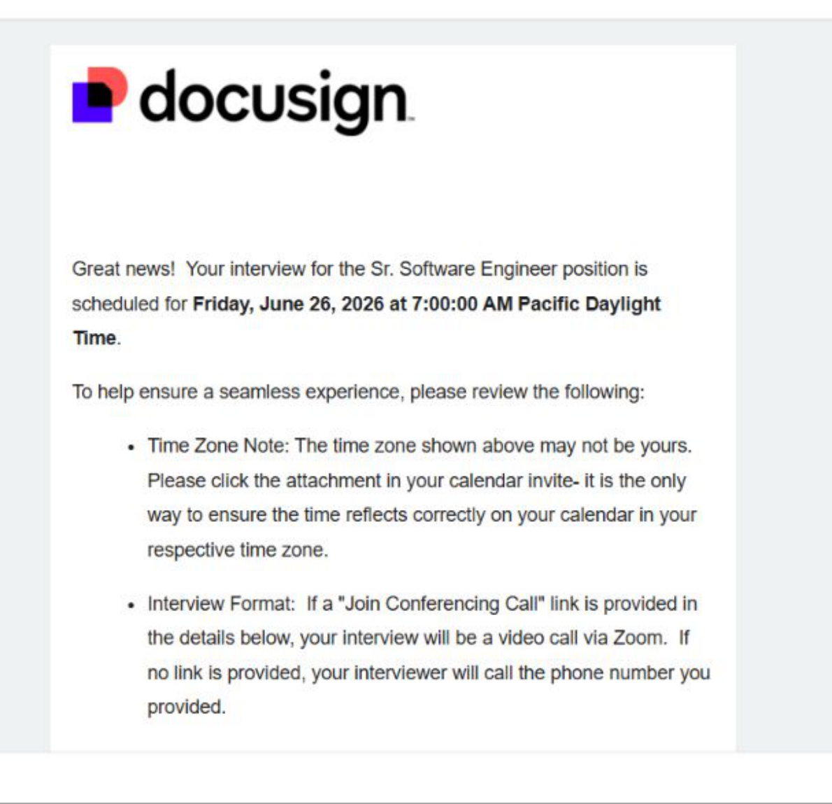 Docusign: Interview confirmation. Client identity hidden.