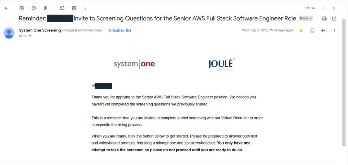 System One: Screening reminder. Client identity hidden.