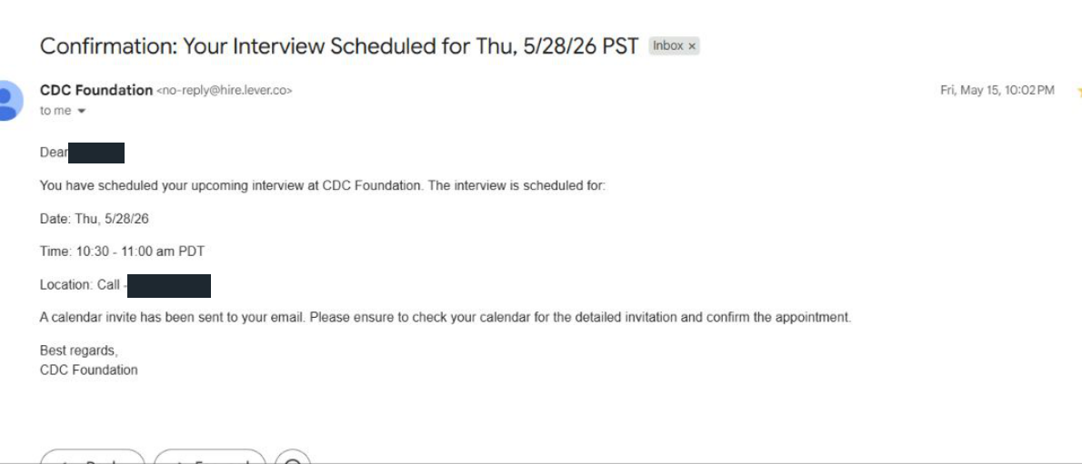 CDC Foundation: Interview confirmation. Client identity hidden.