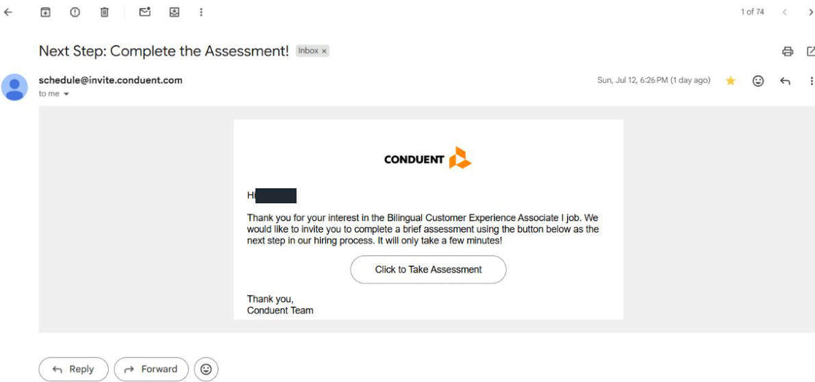 Conduent: Assessment invitation. Client identity hidden.