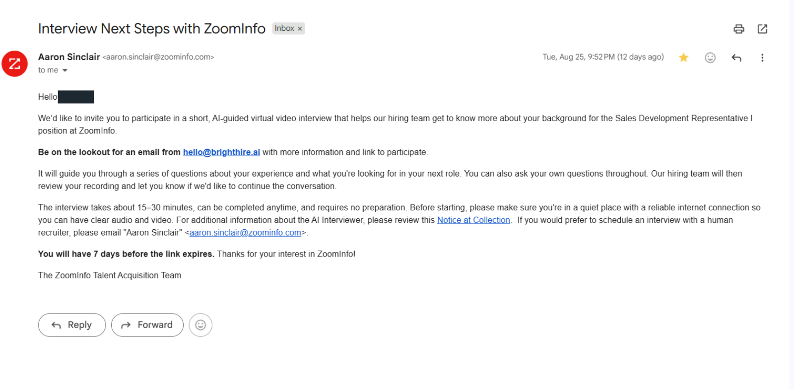 ZoomInfo: AI-guided video interview invitation. Client identity hidden.