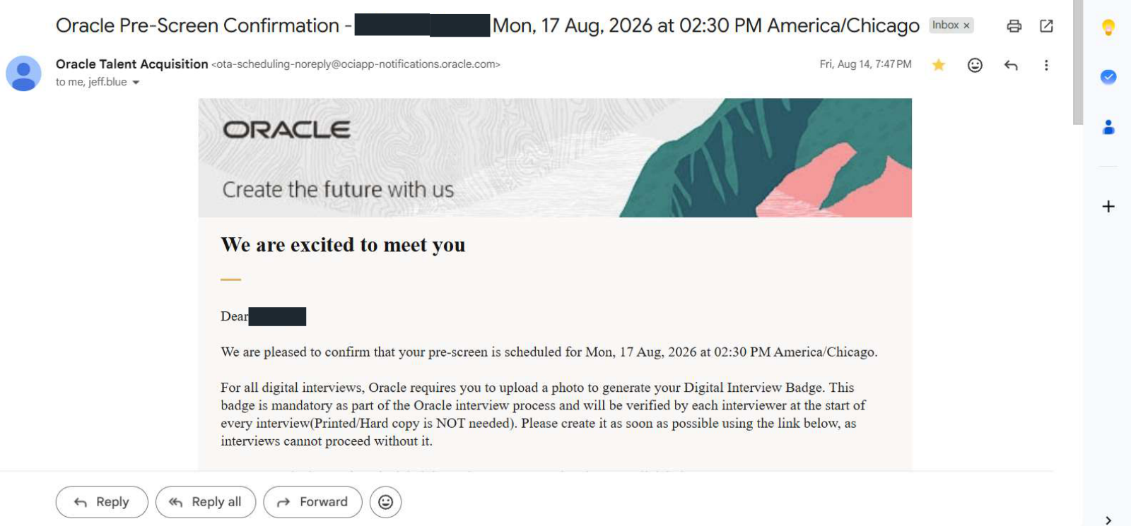 Oracle: Pre-screen confirmation. Client identity hidden.