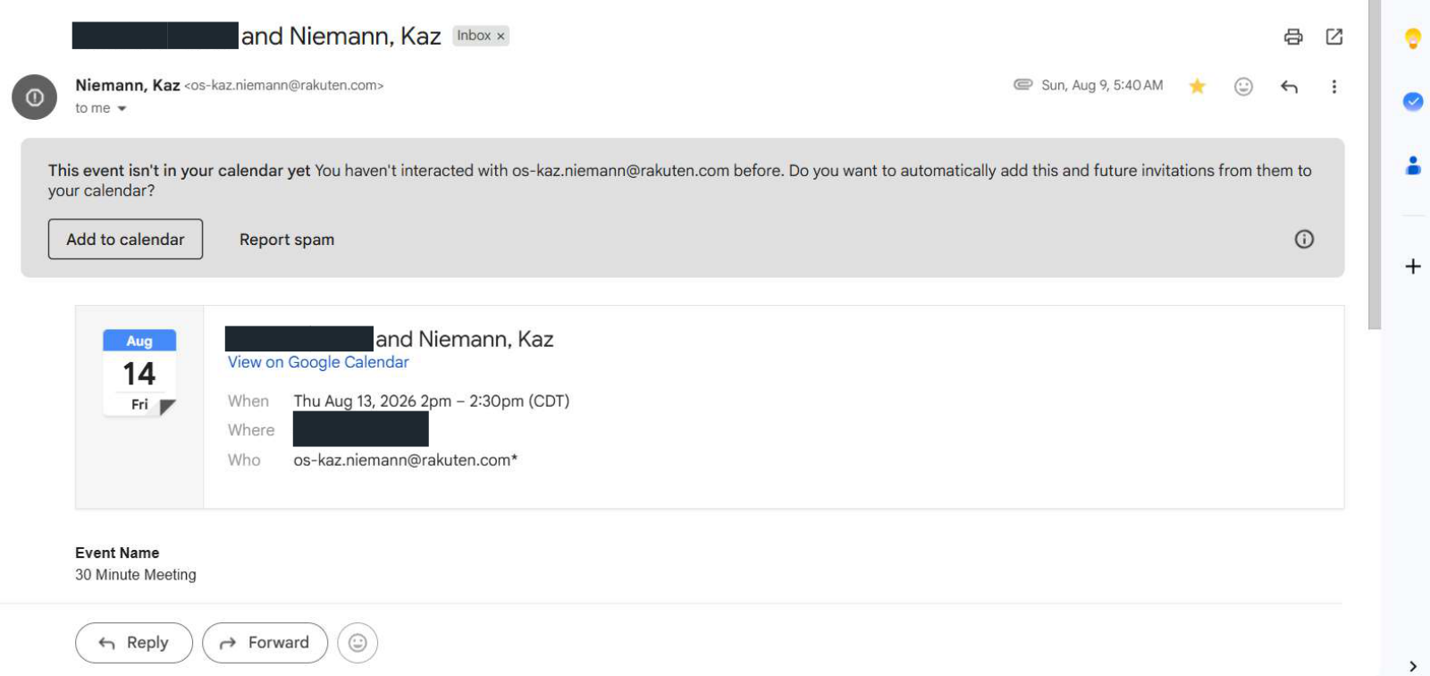 Rakuten: Recruiter calendar invitation. Client identity hidden.