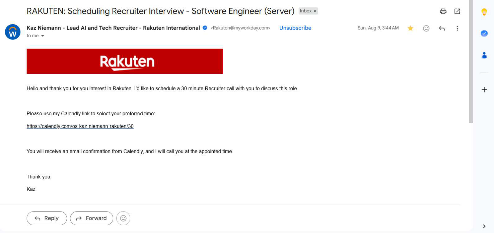 Rakuten: Recruiter interview scheduling. Client identity hidden.