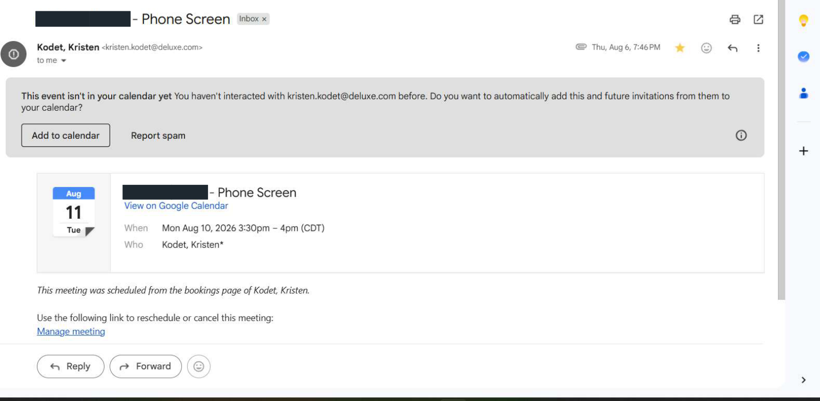 Deluxe: Phone screen invitation. Client identity hidden.