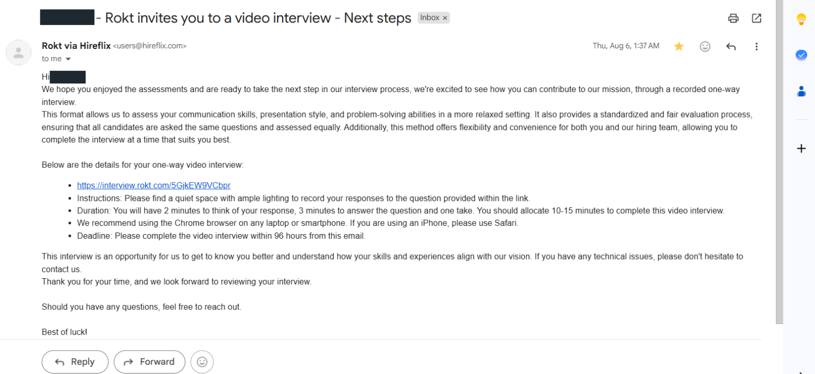Rokt: Recorded video interview invitation. Client identity hidden.