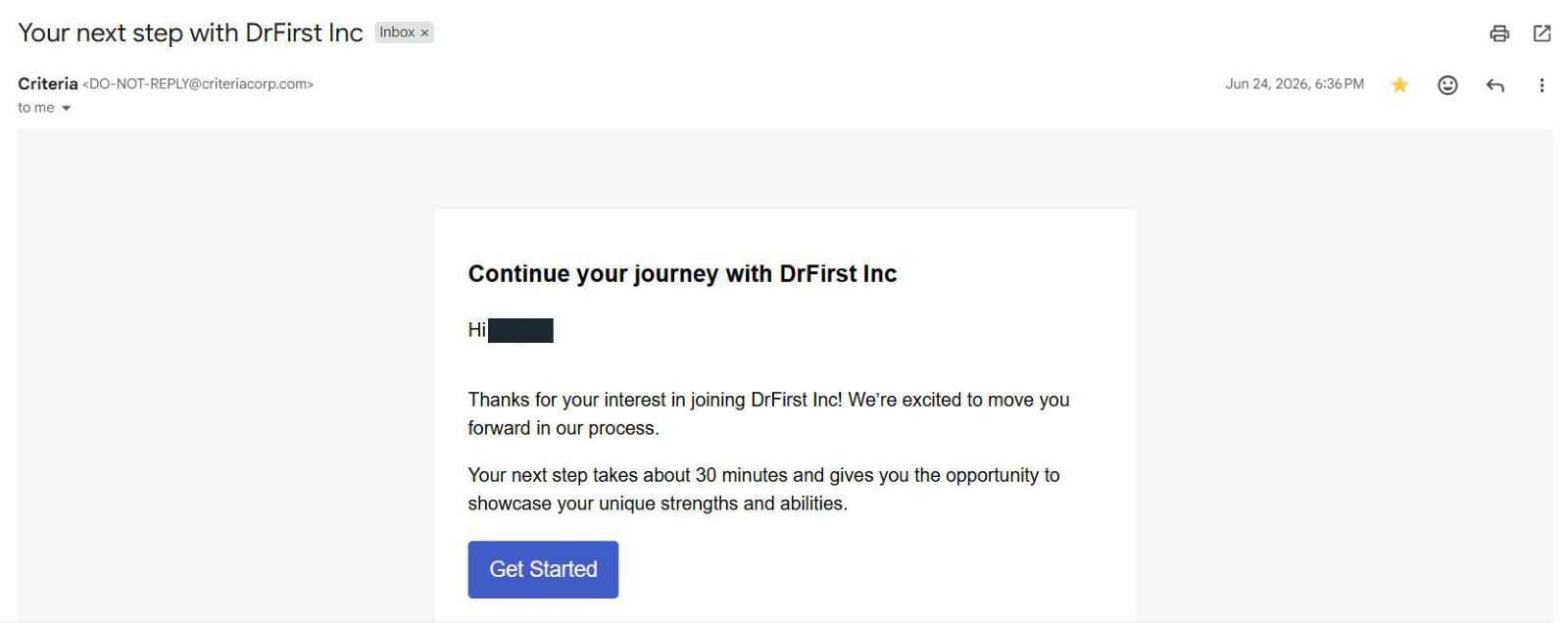 DrFirst: Assessment invitation. Client identity hidden.