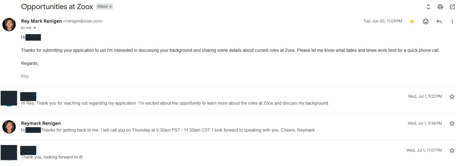 Zoox: Recruiter conversation. Client identity hidden.