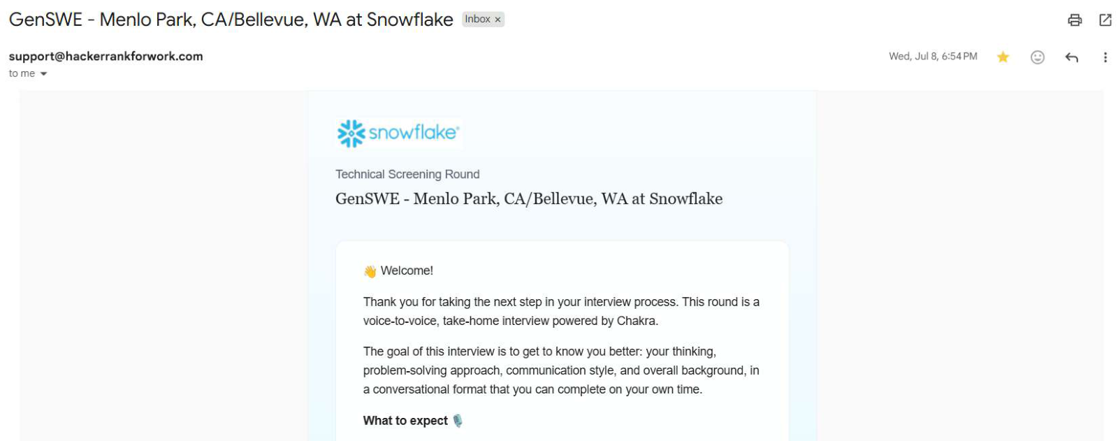 Snowflake: Technical screening invitation. Client identity hidden.