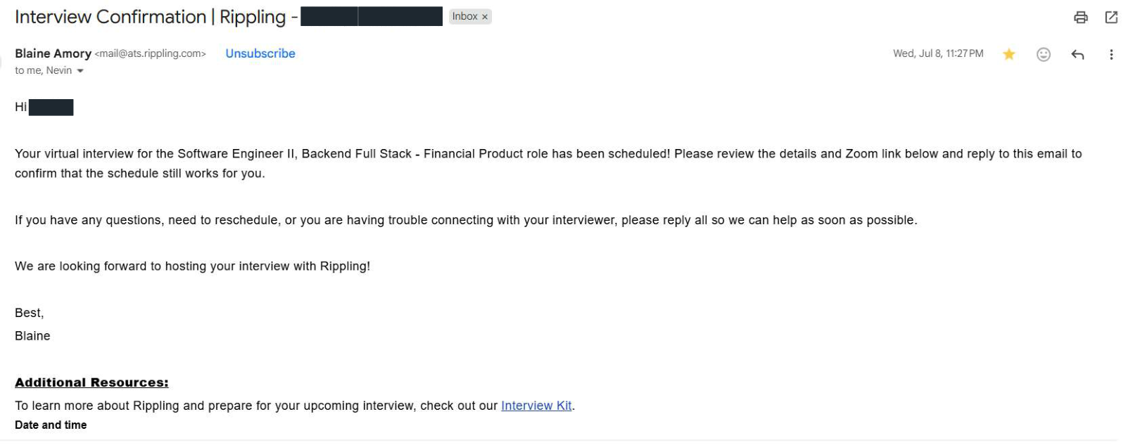 Rippling: Interview confirmation. Client identity hidden.