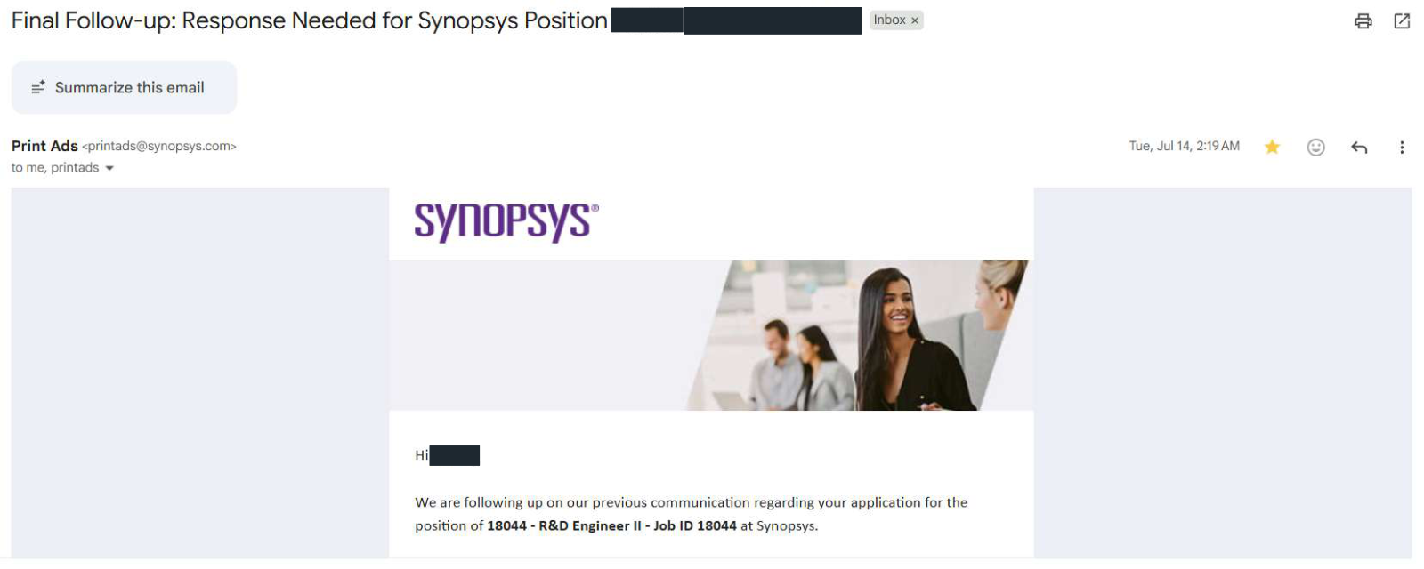 Synopsys: Recruiting follow-up. Client identity hidden.