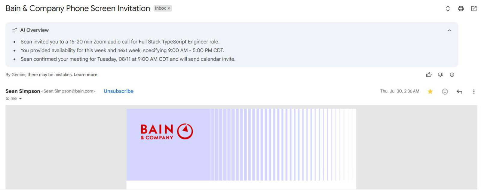 Bain & Company: Phone screen invitation. Client identity hidden.