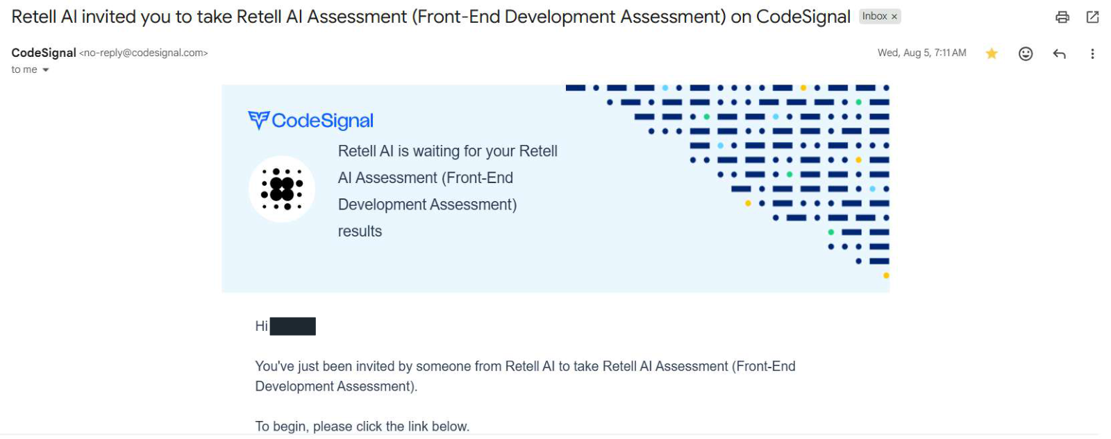 Retell AI: Assessment invitation. Client identity hidden.