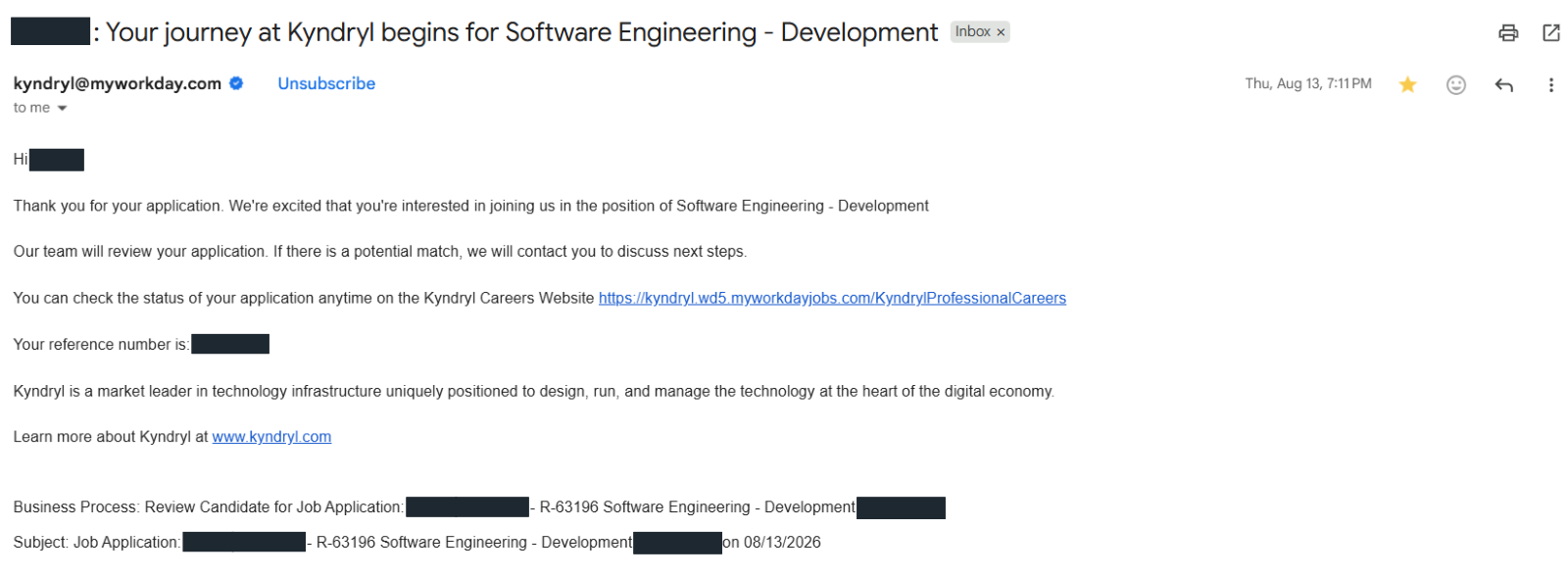 Kyndryl: Application acknowledgement. Client identity hidden.