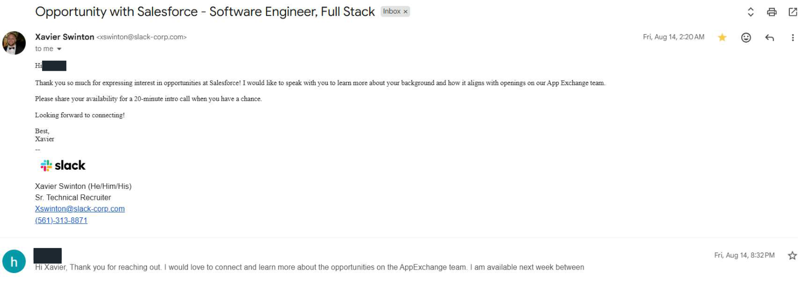 Salesforce: Recruiter outreach. Client identity hidden.