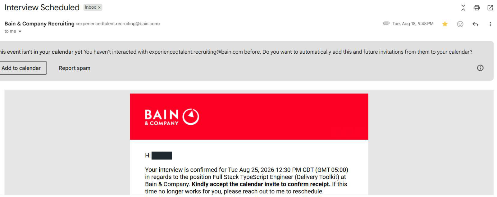 Bain & Company: Interview confirmation. Client identity hidden.