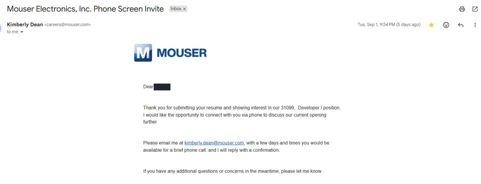 Mouser Electronics: Phone screen invitation. Client identity hidden.
